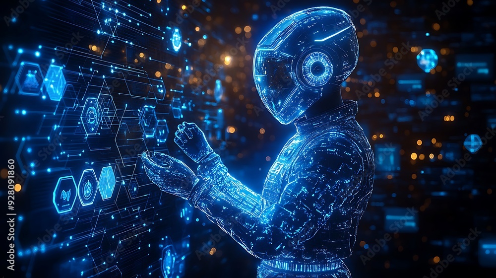 Futuristic Cyborg Interacting with Holographic Interface. Futuristic Cyborg Interacting with Holographic Interface.