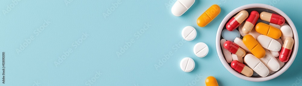 pills and capsules arranged in a bowl, representing health and wellness in a modern lifestyle. pills and capsules arranged in a bowl, representing health and wellness in a modern lifestyle.