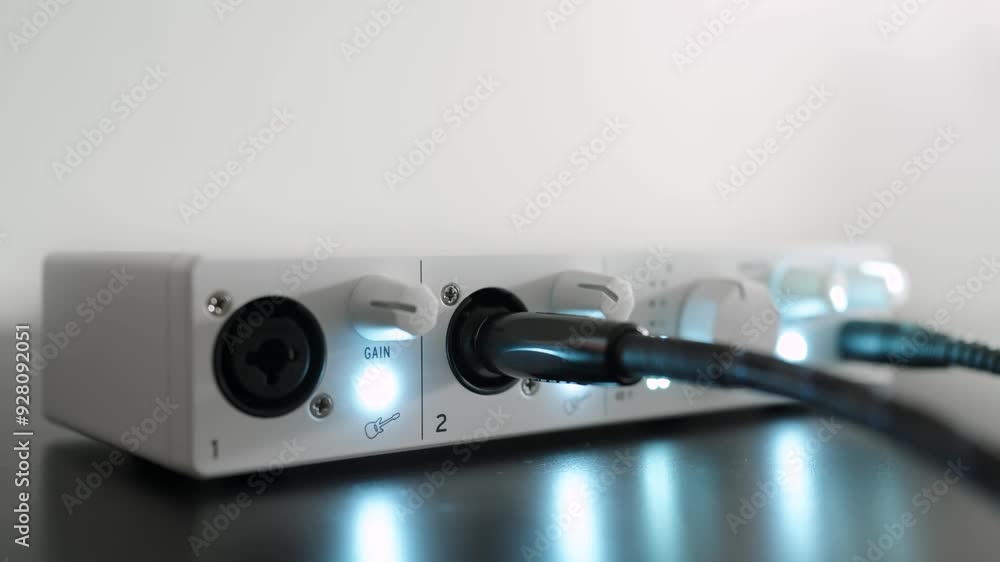 Audio interface on a table. Cables connected and lights flashing Audio interface on a table. Cables connected and lights flashing
