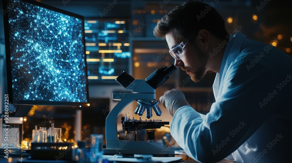 Scientist Looking Through Microscope in Laboratory with Digital Network Screen. Scientist Looking Through Microscope in Laboratory with Digital Network Screen.