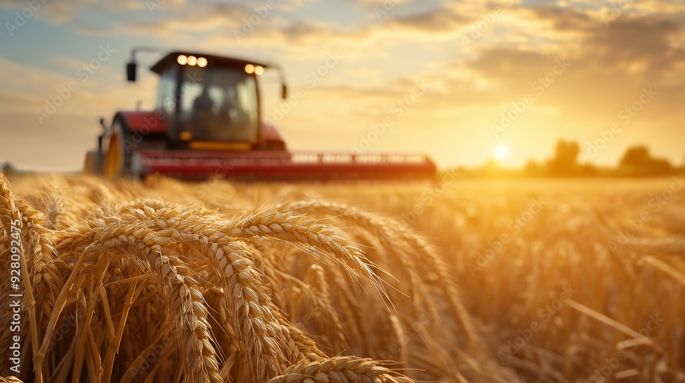 Fototapeta premium Wheat field harvesting at sunset with a tractor in the background.