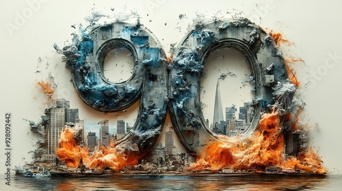 Number 90 as a 3D Cityscape with Fire and Water Elements