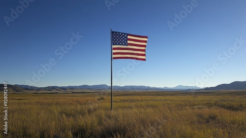 American Flag Flying Over Grassy Field and Mountain Landscape.