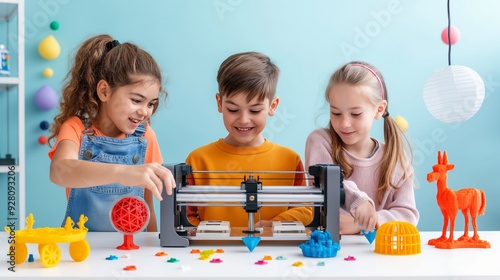 Children engaging in creative play with a 3D printer, exploring design concepts and creating colorful models together.