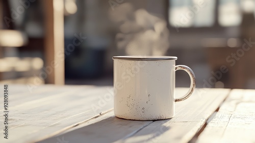 Wallpaper Mural White Enamel Mug with Steam on Wooden Table - Rustic Farmhouse Style. Torontodigital.ca