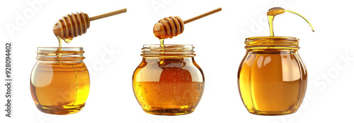 Honey jars with honey dipper isolated on transparent background