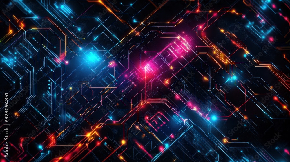 Abstract Neon Circuit Board Background with Red, Blue, and Orange Glowing Lines. Abstract Neon Circuit Board Background with Red, Blue, and Orange Glowing Lines.
