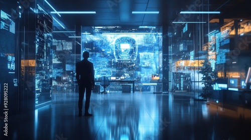 Futuristic Office Interior with Digital Screens and Silhouetted Man