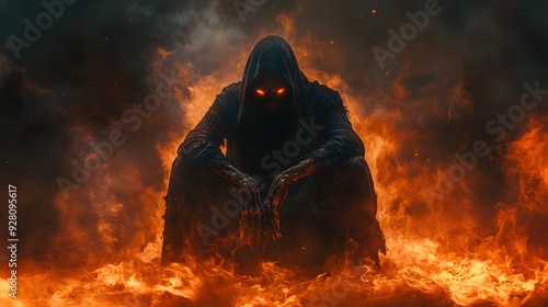Grim Reaper in Fire with Glowing Eyes and Fantasy Art