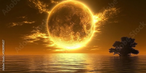 sun is seen in the sky over an ocean with yellow flames and golden clouds. A large, glowing circular fireball floats, beams, reflections on the water below, small tree, leaves, breeze. The scene