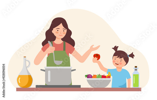 Mother and little daughter making food together. Cooking with kids. Vector illustration in a flat design.