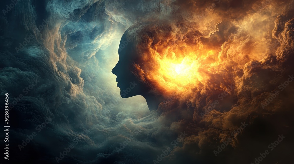 Abstract Silhouette of a Woman Emerging from a Fiery Cloud - Surreal Art. Abstract Silhouette of a Woman Emerging from a Fiery Cloud - Surreal Art.