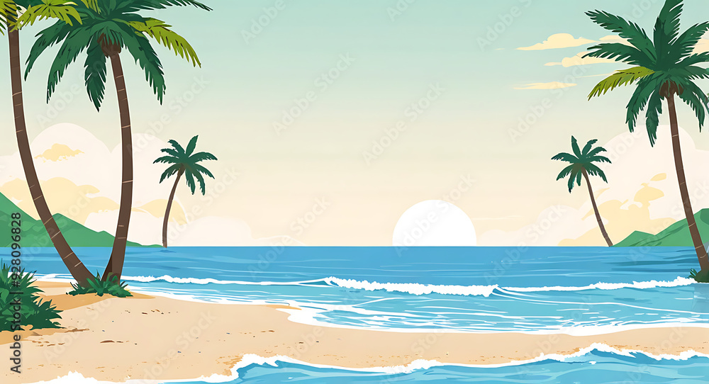 Fototapeta premium 2D Flat-Style Illustration of a Serene Beach Scene with Palm Trees, Sun, and Waves, Set Against a Plain Background with Generous Copy Space for Branding or Text