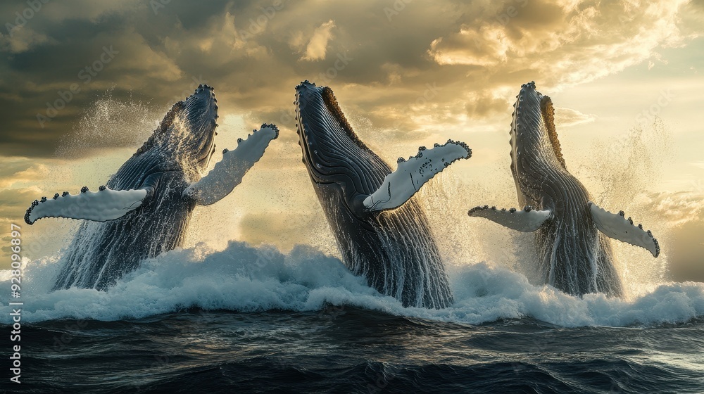 Fototapeta premium Three Humpback Whales Leap From the Ocean During a Dramatic Sunset