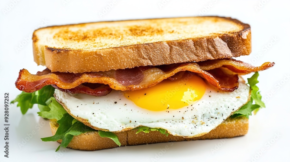 Delicious Bacon and Egg Sandwich on a White Background: A Tempting Close-Up of a Savory Bacon and Egg Sandwich, Showcasing Crispy Bacon and a Perfectly Cooked Egg Between Fresh Bread. Delicious Bacon and Egg Sandwich on a White Background: A Tempting Close-Up of a Savory Bacon and Egg Sandwich, Showcasing Crispy Bacon and a Perfectly Cooked Egg Between Fresh Bread.