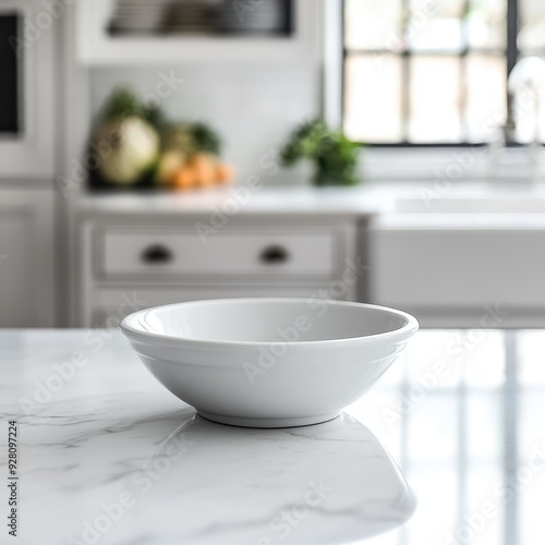 Empty White Bowl on Marble Kitchen Countertop with Blurred Background.