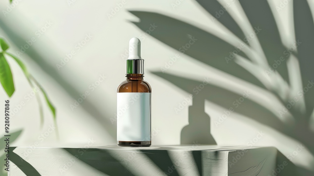 A glass bottle with a dropper, on a white surface, with a leafy shadow and a blank white label. A glass bottle with a dropper, on a white surface, with a leafy shadow and a blank white label.