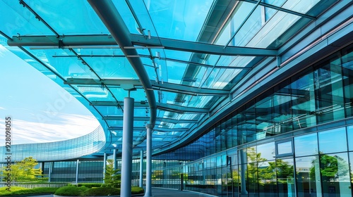 A modern building with a glass canopy, reflecting the blue sky and green trees. photo