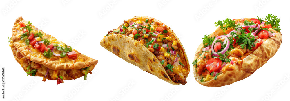 Tacos set isolated on transparent background with Mexican street food and fillings Tacos set isolated on transparent background with Mexican street food and fillings