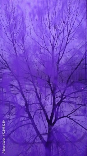 Abstract tree, violet, blurry background, branches in the foreground, foggy, blurred, trees, dark purple sky, mysterious, lighting creating, leaves, close-up, intricate, subtle, light, ethereal 