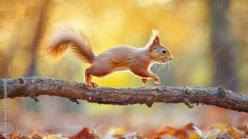 Squirrel running on a branch in autumn forest Squirrel running on a branch in autumn forest