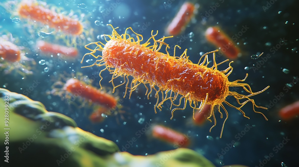 3D rendering of bacteria, highlighting the cell wall, flagella, and internal components for educational use 3D rendering of bacteria, highlighting the cell wall, flagella, and internal components for educational use