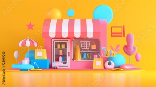 A vibrant, playful storefront illustration with bright colors and whimsical shapes, perfect for retail and shopping themes.