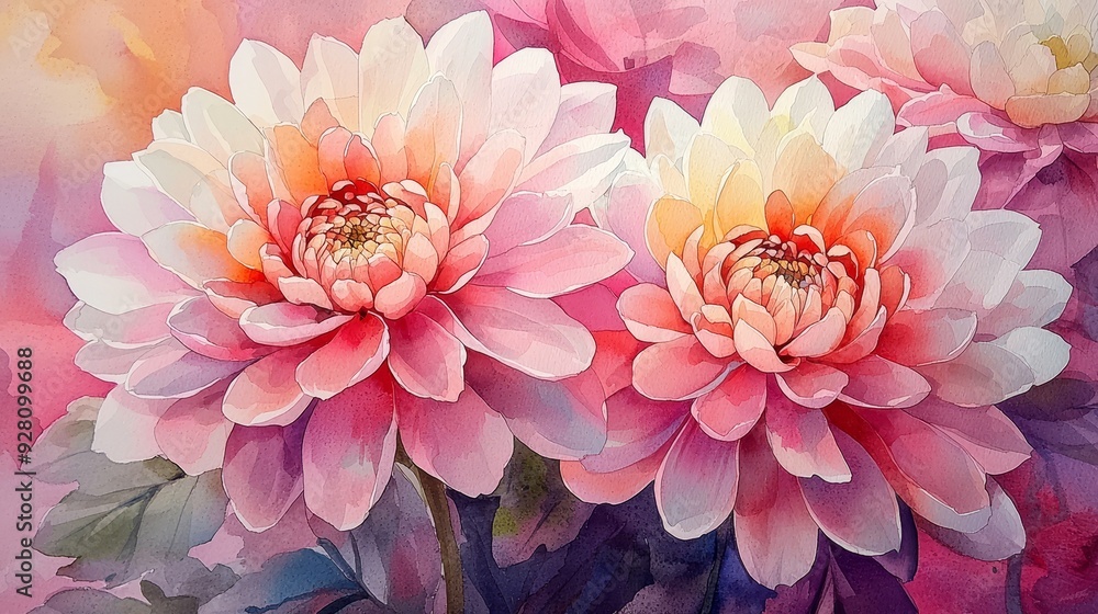 Fototapeta premium Watercolor chrysanthemums with intricate petal structures.