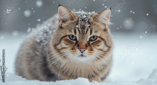 Majestic cat braves winter wonderland. A beautiful long haired cat sits regally in a snowy landscape, its fur contrasting with the falling snowflakes around it.