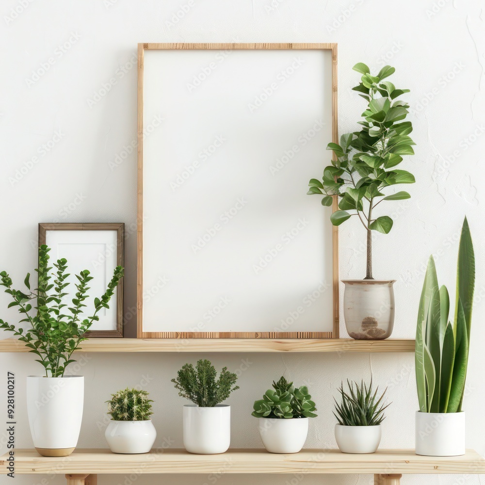 Brown bamboo shelf with photo frame mockup, hipster plant pots, white walls, modern Scandinavian room interior and floral concept. Brown bamboo shelf with photo frame mockup, hipster plant pots, white walls, modern Scandinavian room interior and floral concept.