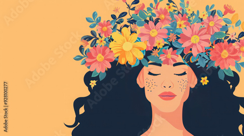 woman in floralcrown boho 70s style modern minimal illustration flat yellow background copyspace summer autumn