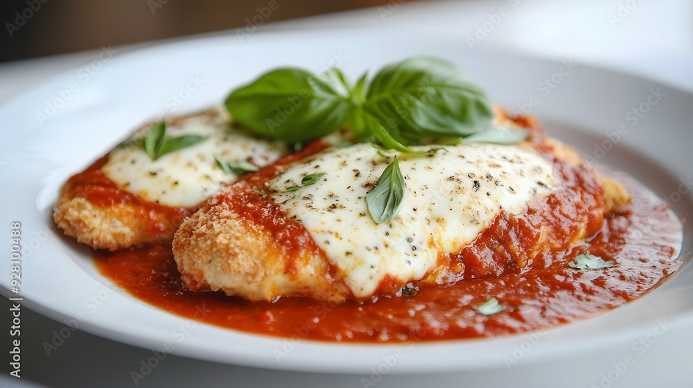 Delicious Chicken Parmesan with Tasty Vodka Sauce on a White Plate Delicious Chicken Parmesan with Tasty Vodka Sauce on a White Plate