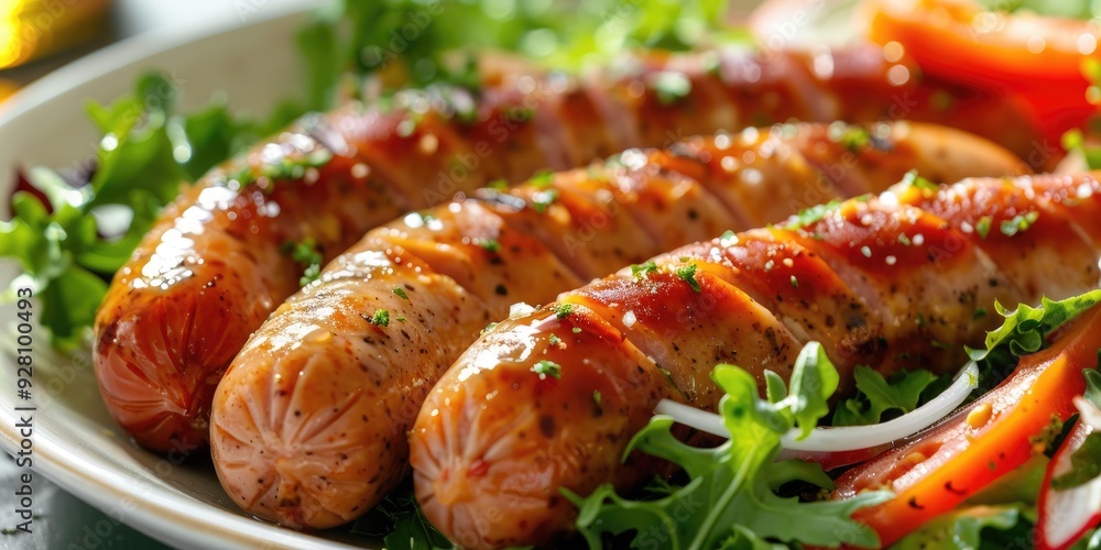 Close up of sausages frankfurter and salad on a plate