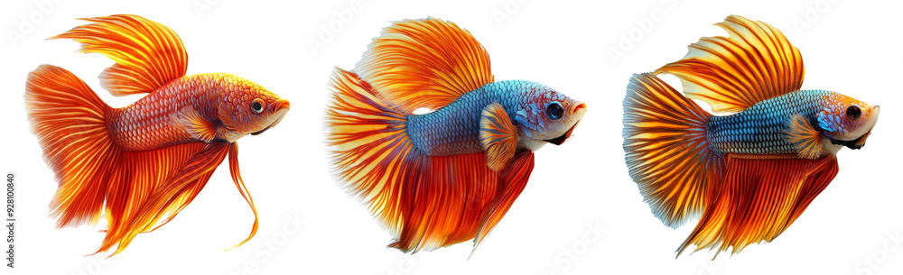 Fototapeta premium Set of vibrant Betta fish in various colors isolated on transparent background