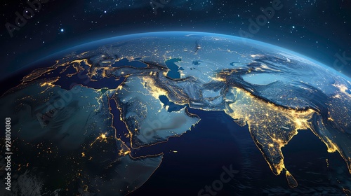A view of Earth from space, showing the Middle East and India at night, with city lights twinkling across the landmass.