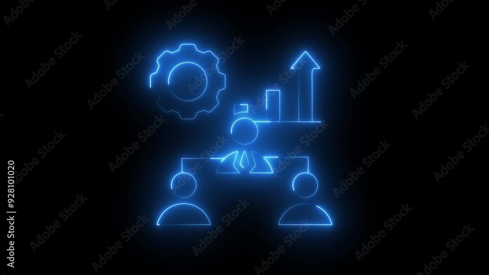 Glowing Neon Business Hierarchy Icon Depicting Team Leadership and Management Structure, Featuring a Central Leader, Subordinate Team Members. Glowing Neon Business Hierarchy Icon Depicting Team Leadership and Management Structure, Featuring a Central Leader, Subordinate Team Members.