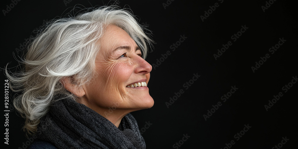 Senior woman with grey hair smiling on black background Senior woman with grey hair smiling on black background