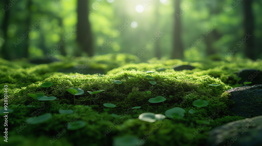 Sunlight shining through forest on lush green moss covered ground Sunlight shining through forest on lush green moss covered ground