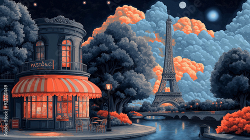 Fototapeta Naklejka Na Ścianę i Meble -  French bistro illuminating paris cityscape with eiffel tower at night