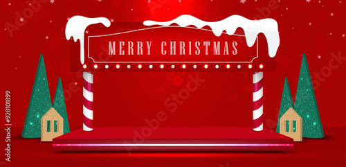 Christmas pedestal design with sign, empty platform and Christmas festive elements on red studio background. Vector illustration.