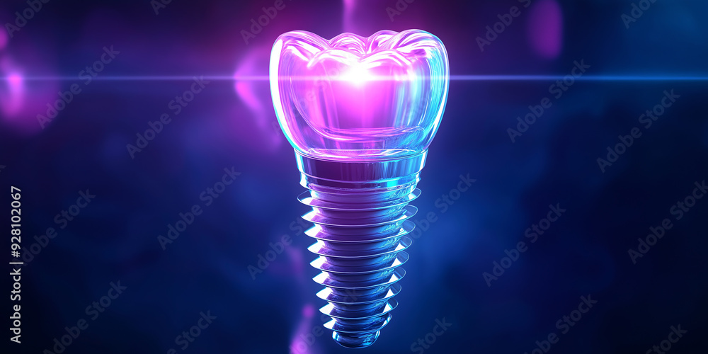 Dental implant is shining in a blue and purple background Dental implant is shining in a blue and purple background