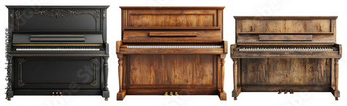 Three antique pianos in different wood finishes isolated on transparent background photo