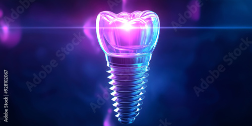 Dental implant is shining in a blue and purple background photo