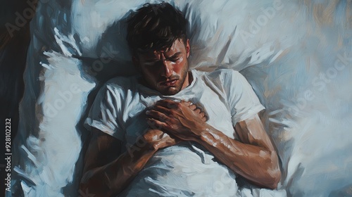 Craft a realistic oil painting of a figure lying on a bed, gripping their chest in agony, with a birds-eye view capturing the raw emotions of pain and burning sensations