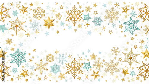 Snowflakes and stars border isolated on a white background illustration. Christmas design for postcards or greeting cards. merry xmas snow flake header or banner, wallpaper, or backdrop 