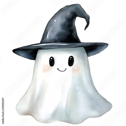 Cute ghost wearing a black witch hat in watercolor art.