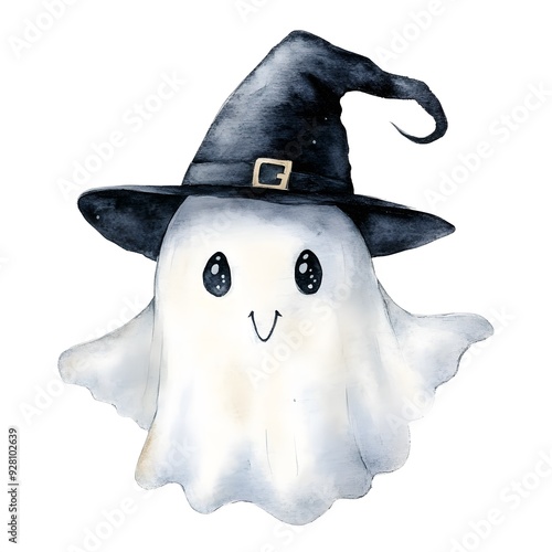 Cute ghost wearing a black witch hat in watercolor art. photo