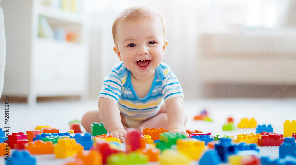 Happy baby boy playing with colorful building blocks on the floor Happy baby boy playing with colorful building blocks on the floor