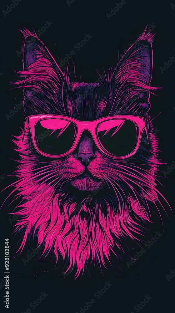 cute Pink Neon Cat with Sunglasses on a Black Background cute Pink Neon Cat with Sunglasses on a Black Background