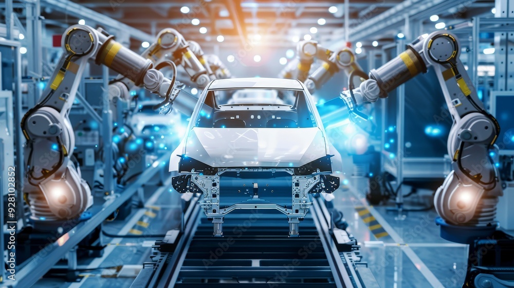 Futuristic robotic arms assembling a car in an advanced manufacturing facility, showcasing automation and technology integration. Futuristic robotic arms assembling a car in an advanced manufacturing facility, showcasing automation and technology integration.